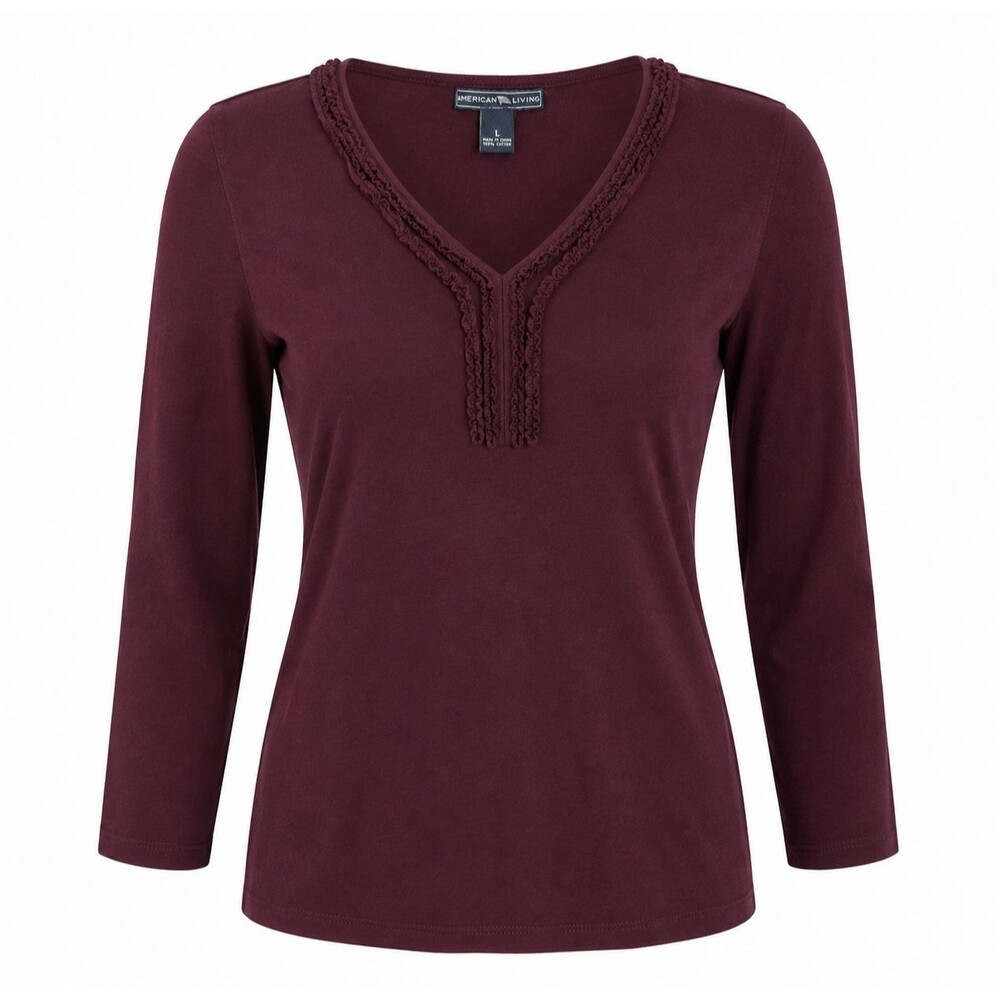 American Living Women’s Long Sleeve V-Neck Cotton Top Burgundy Size L